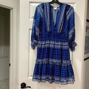 Shoshanna Blue 100% Silk Chiffon Dress Boho Chic 6 V Neck Lined Neiman Marcus